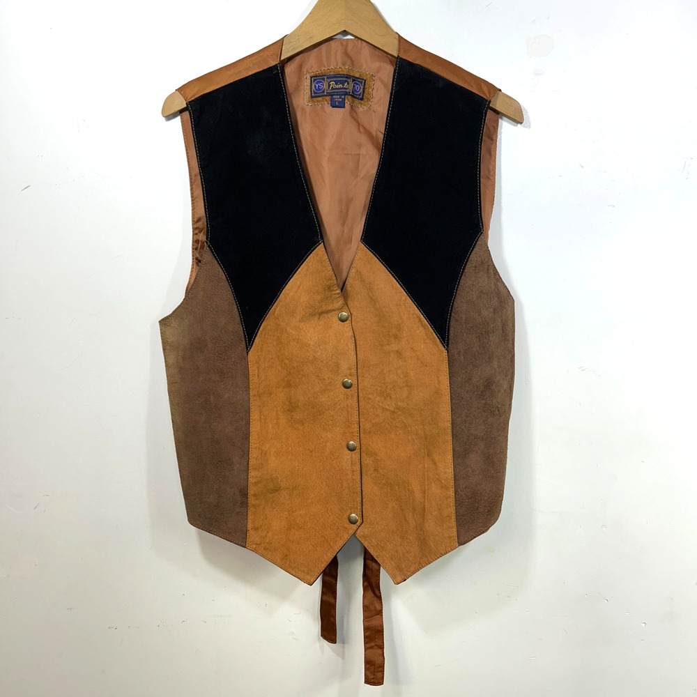 Y2K Vtg Suede Vest Mens L Womens XL Leather Colorblock Western Cowboy Cowgirl